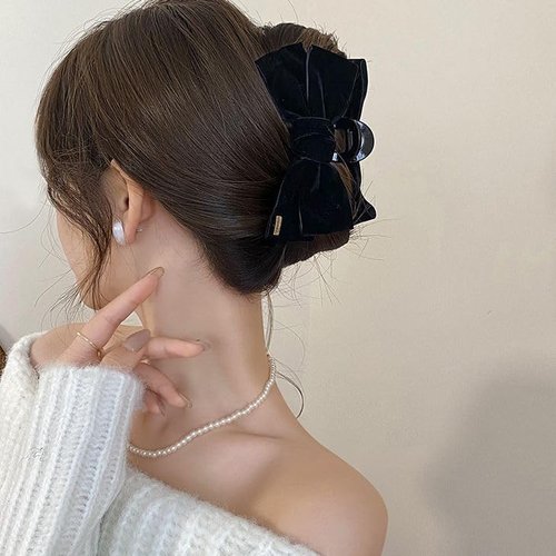 TUCEWP Black Bow Hair Clips for Women Girls 2Pcs Velvet Silky Satin Bow Claw Clip for Long Curly Thick Hair Strong Hold Bowknot Hair Barrettes Claw Jaw Nonslip Hair Catch Clamps Large Hair Accessories