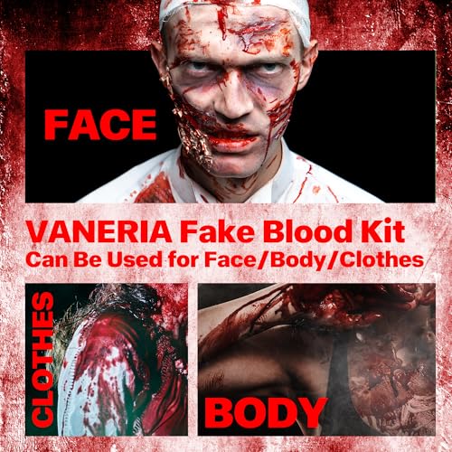 Vaneria Halloween Fake Blood Makeup Kit,Realistic Washable SFX Makeup with 50ml Blood Splatter, 50ml Sticky Blood, Sponge,4 Fake Scars & 4 Fluorescent Tattoo Stickers for Zombie, Vampire Cosplay