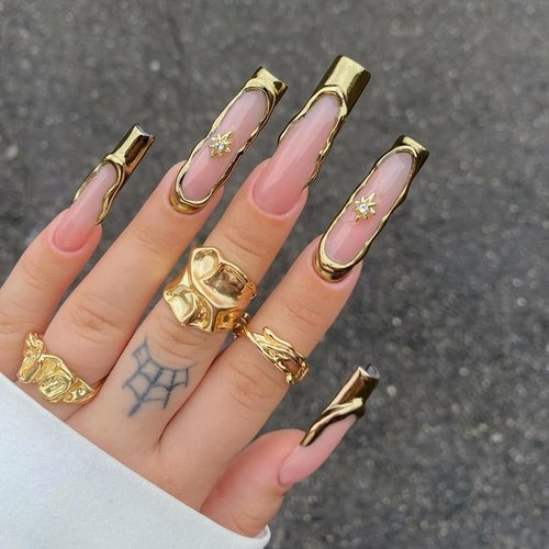 BABALAL Nails Press on Long Square Fake Nails Gold Glue on 3D Texture Chrome Acrylic False Nails Y2k Star Stick on 24Pcs Manicure Handmade Artificial