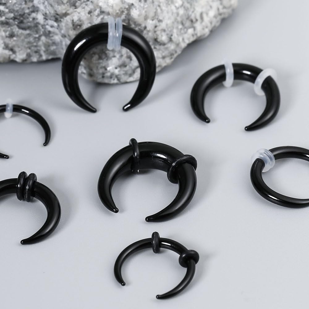 BOKABOO 7Pcs Glass C Shape Septum Stretching Kit Set - 14G to 2G, Buffalo Septum Retainers Rings, Pincher Tapers with O-Rings for Nose & Ear Piercing Jewelry (Black Color)