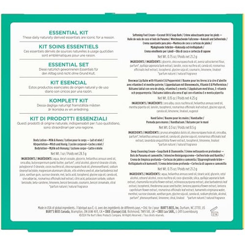 Burt's Bees Gift Ideas - Essentials Everyday Set, 5 Travel Size Products - Deep Cleansing Cream, Hand Salve, Body Lotion, Foot Cream and Original Lip Balm