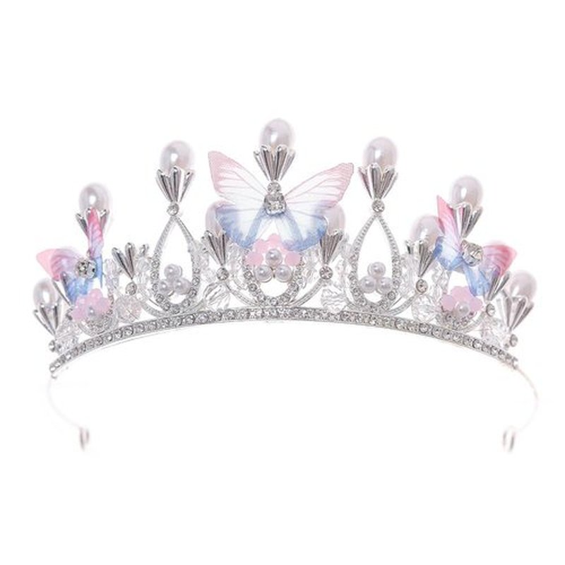 Tiara Butterfly Crown Gold Pearl Headband Rhinestone Hairpiece for Wedding Bridal Prom Birthday Party Cosplay (Silver)