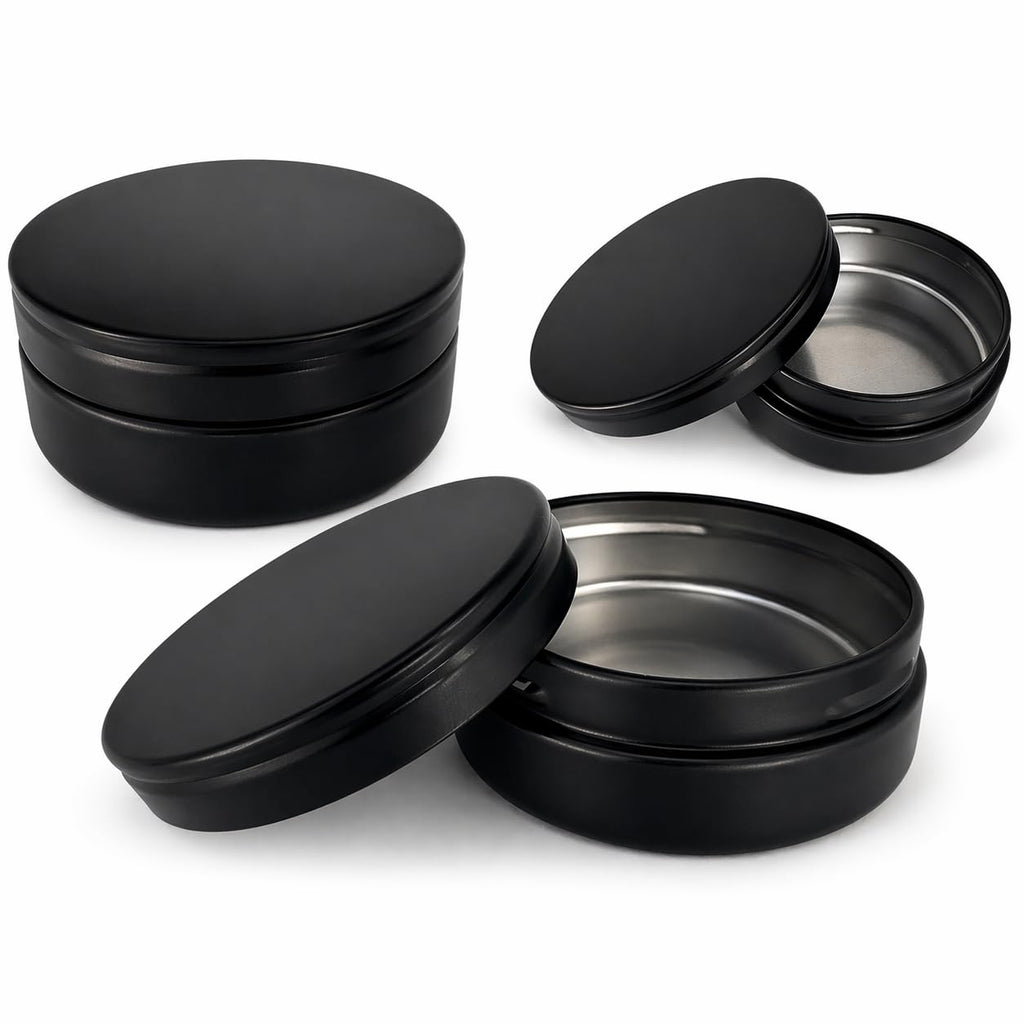 TYNZZ 3 Pcs, Metal Tin Round Container, Mini Portable Small Storage Container Kit with Twist Lid for Home Storage 2.5x1 Inch, Black