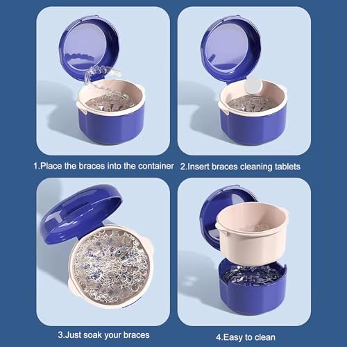 "yueton 1Pack Denture Bath Case Portable Denture Soak Container Mouth Guard Storage Box with Pale Pink Strainer Basket for Travel Cleaning, Sapphire Blue"