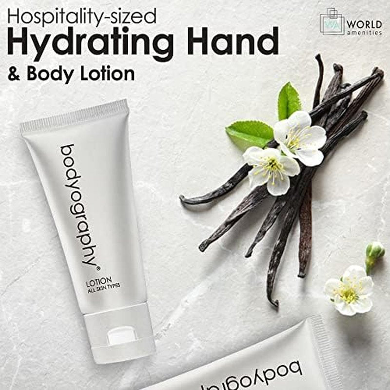 World Amenities - Bodyography blanc- Hand and Body Lotion | 1.4oz | Vanilla White Tea, Mini Travel Size Toiletries (100% Recyclable Tube with Flip Top Cap) Hotel Amenities, Suitable for All Skin Types