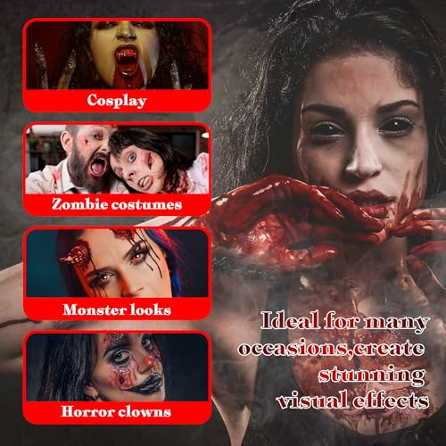 Vaneria Halloween Fake Blood Makeup Kit,Realistic Washable SFX Makeup with 50ml Blood Splatter, 50ml Sticky Blood, Sponge,4 Fake Scars & 4 Fluorescent Tattoo Stickers for Zombie, Vampire Cosplay