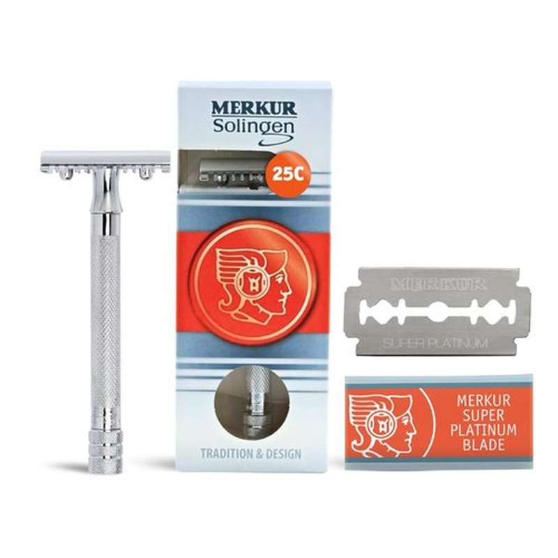 MERKUR 25C Double Edge Safety Razor - Bright Chrome, Open Comb Design, Long Handle, Eco-Friendly