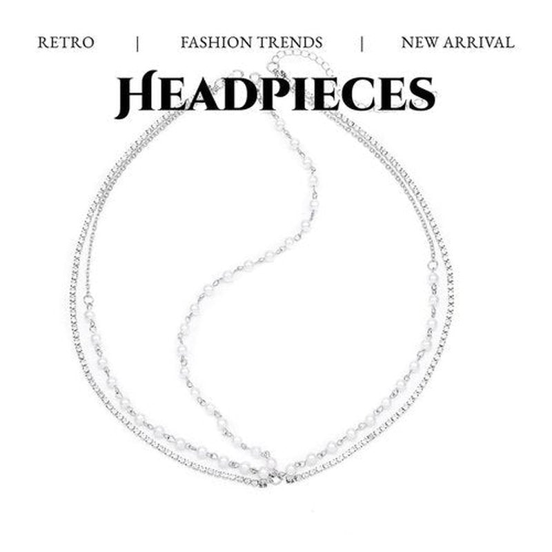 Fdesigner Boho Pearl Head Chain Jewelry Crystal Headpieces Wedding Rhinestone Headband Hair Accessories for Women (Silver)