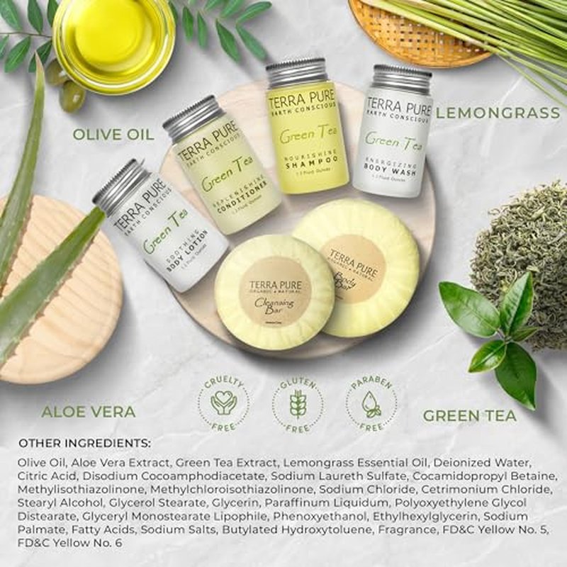 Terra Pure Green Tea Amenity & Accessory Kit | 1 oz Travel Size Shampoo, Conditioner, Lotion, Body Wash, 2 Soap Bars, Shave & Dental Sets, Make-Up Remover Wipes, & Vanity Kit | 15 sets per case