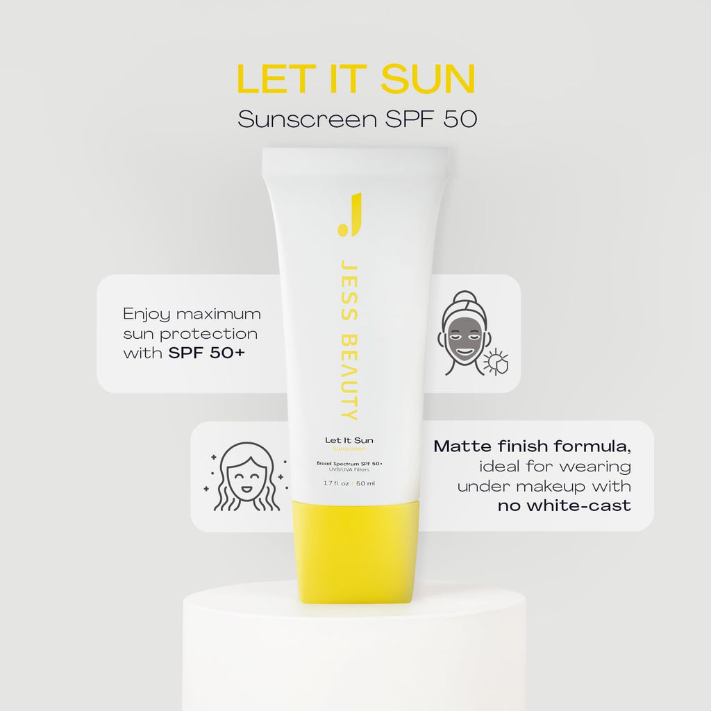 JESS BEAUTY | Let It Sun SPF 50 Gel Sunscreen | Lightweight Invisible Face Sunscreen with Green Tea, Aloe Vera & Squalane | Broad Spectrum UV Protection with No White Cast 1.7 fl oz