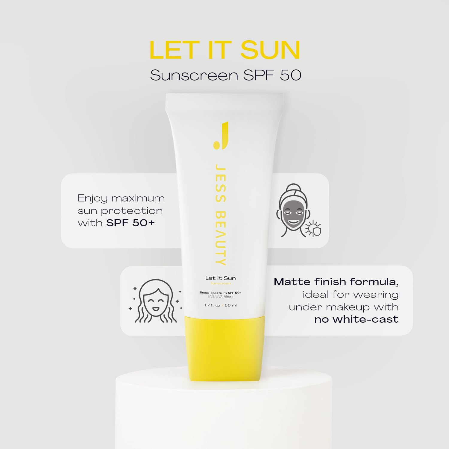 JESS BEAUTY | Let It Sun SPF 50 Gel Sunscreen | Lightweight Invisible Face Sunscreen with Green Tea, Aloe Vera & Squalane | Broad Spectrum UV Protection with No White Cast 1.7 fl oz