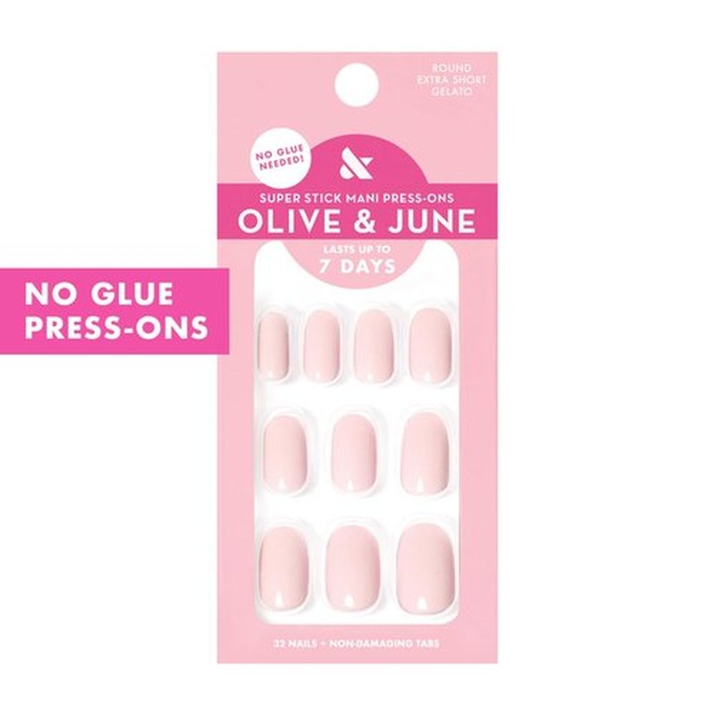 Olive & June Press-On Nails - Classic Super Stick | No Glue Needed | 32 Tabs in 16 Sizes | Non-Toxic, 7-Day Wear | Gelato Pink Spring Patterns