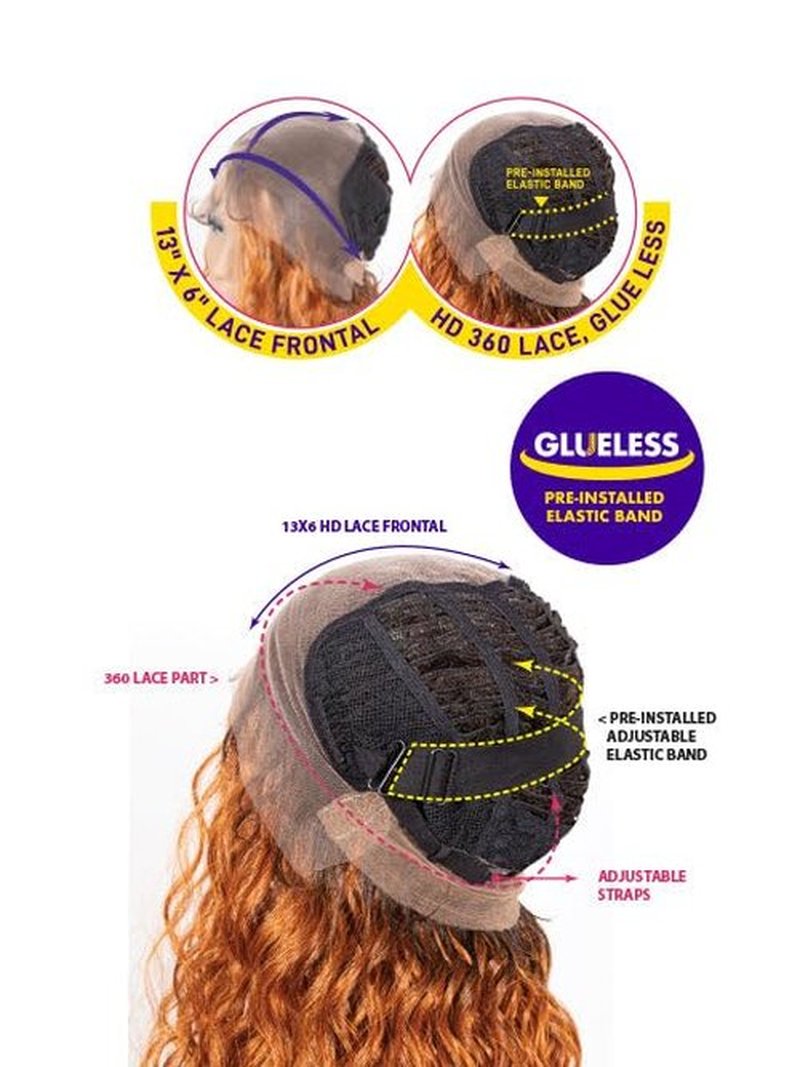 Janet Collection melt HD 360 HUMAN HAIR BLEND PRIME UNIMIX Hand-Tied 13X6 Frontal Baby Hair Transparent Lace GLUELESS TUPI WIG With SOFT YAKY TEXTURE. (COLOR #DR GINGER)