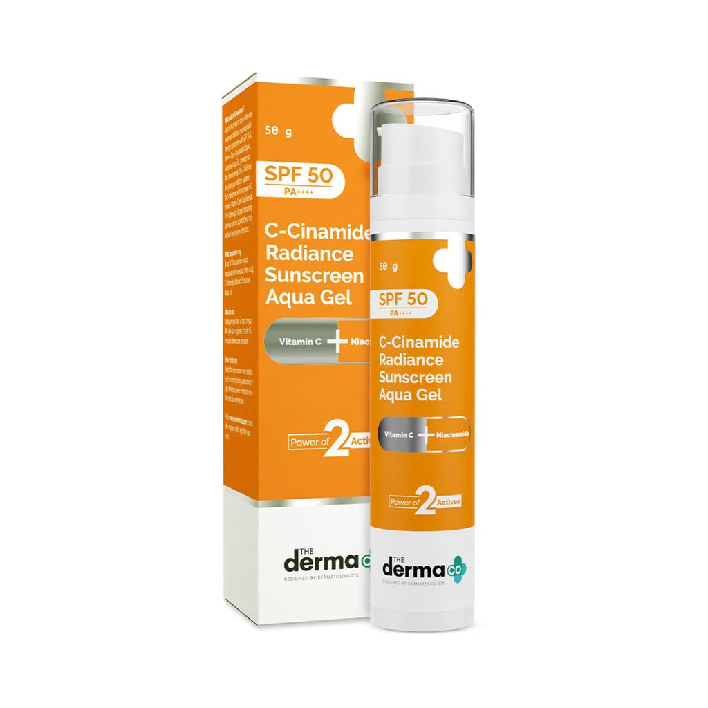 The Derma Co C-Cinamide SPF 50 Aqua Gel Sunscreen with PA++++ | Helps Give Glowing Skin with Vitamin C & Niacinamide | Non-Comedogenic & Lightweight | 1.76 Oz/ 50g