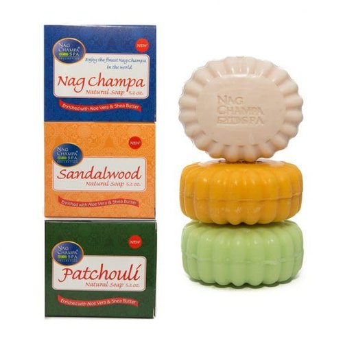 Nag Champa Soap Gift Set - 6 Bars (5.2 oz / 150gms Each) - 2 Bars of Nag Champa, Sandalwood, and Patchouli.