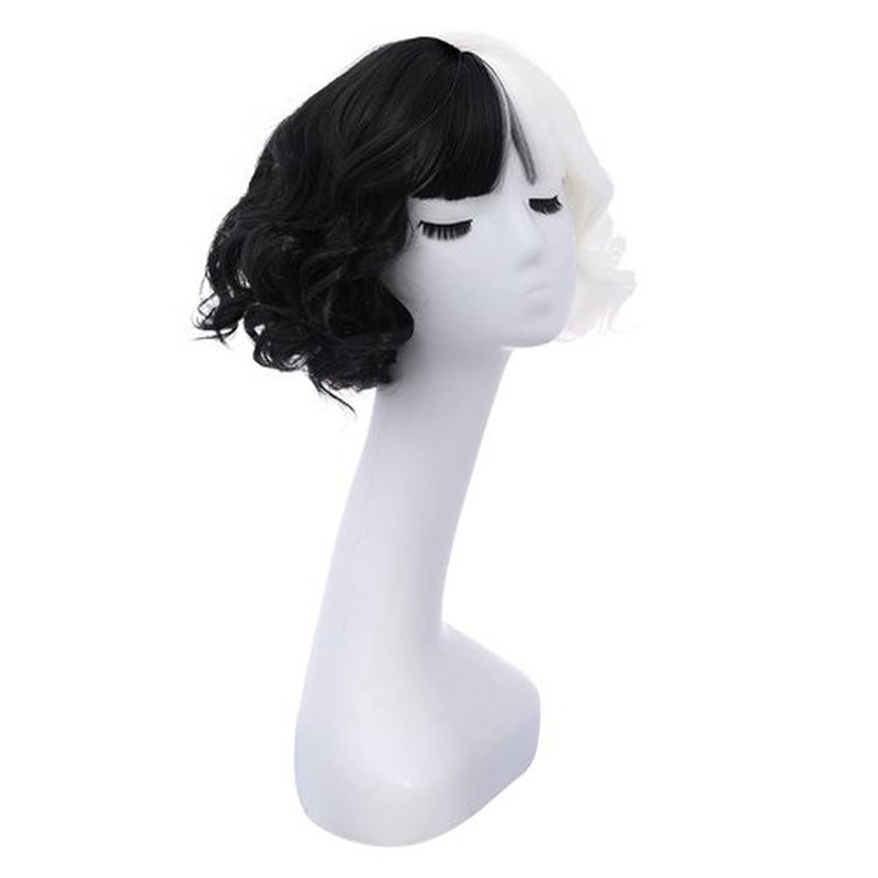 MAGQOO Half Black White Wig with Bangs Women Girls Short Curly Wavy Black and White Hair Wigs Wig Cap Included (12 Inches, Half Black White)