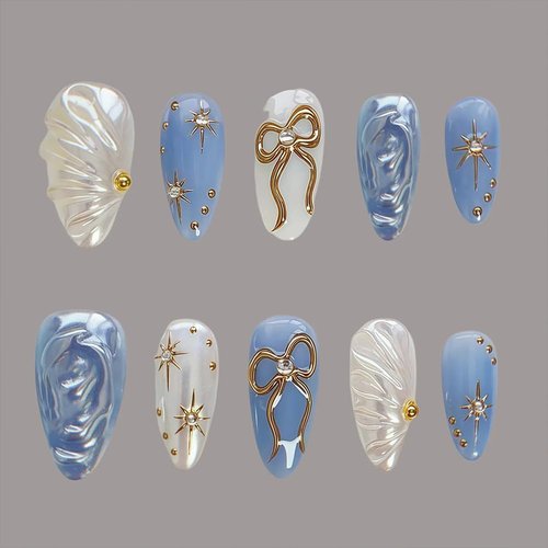 30Pcs Gowabory Almond Press on Nails Medium Fake Nails with 3D Aurora Water Ripple Gilded Bow Flashing Cat's Eye Designs, Summer Fall Acrylic Artificial False Nails Press Ons Stick On Nails for Women