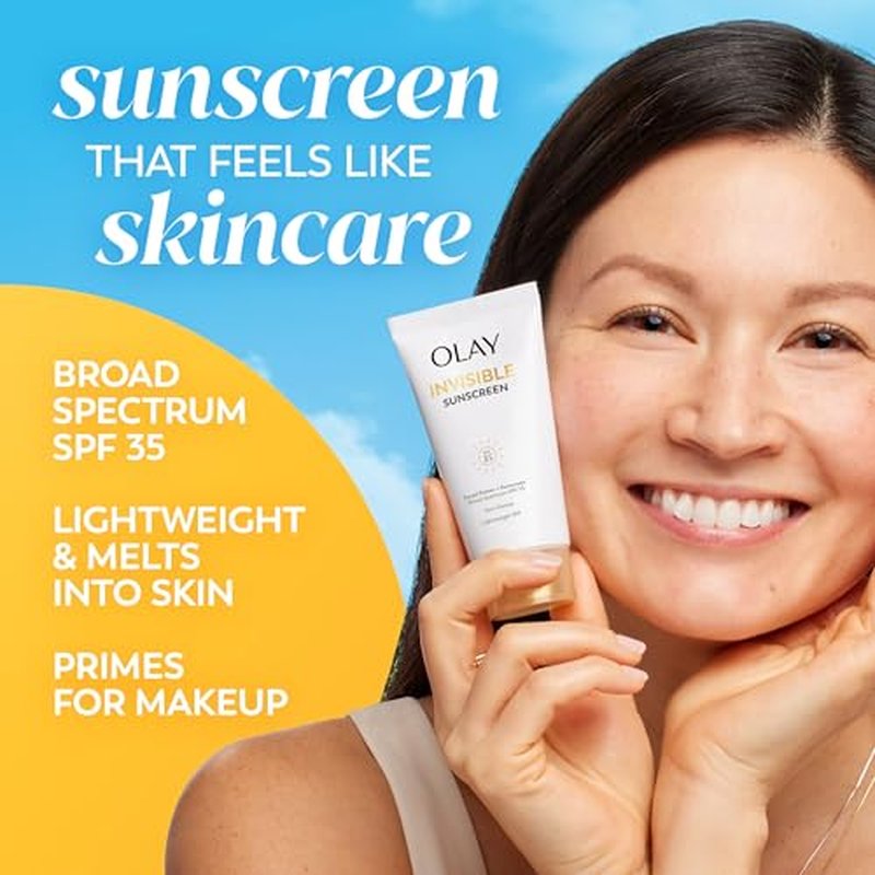 Olay Invisible Sunscreen, SPF 35, 100% Invisible Facial Sunscreen and Makeup Primer - Fragrance-Free, Weightless, No White Cast Broad Spectrum Sun Protection with Vitamin C & E, Aloe Vera, 1.7 Oz