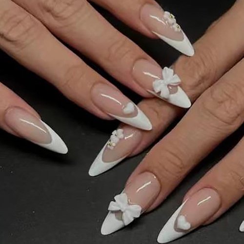 Foccna French Press on Nails Medium White Fake Nails Almond Glossy 3D Flower False Nail Tips Artificial Nails Finger Manicure for Women&Girls -24 pcs