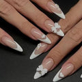 Foccna French Press on Nails Medium White Fake Nails Almond Glossy 3D Flower False Nail Tips Artificial Nails Finger Manicure for Women&Girls -24 pcs