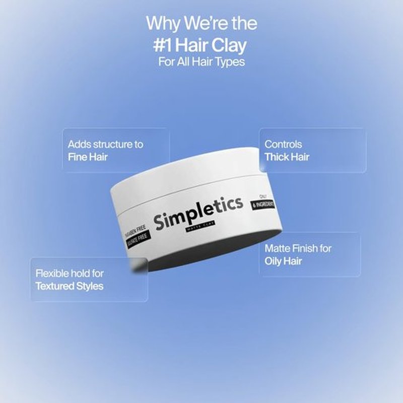 Simpletics Hair Clay for Men (Vanilla Scent) – Natural 6 Ingredient Matte Styling Clay with Beeswax & Coconut Oil – Strong Hold, Water Based, Non-Greasy – Adds Texture & Volume – 2oz