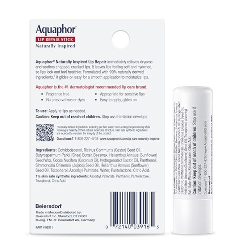 Aquaphor Naturally Inspired Lip Repair Stick with Coconut Oil and Natural Shea Butter, Hydrating Lip Balm Immediately Relieves Dryness and Soothes Chapped Lips, 0.17 Oz Stick, Pack of 3