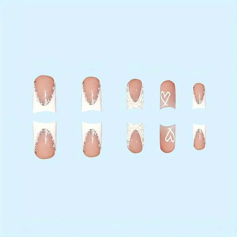 Short Press on Nails Square,Short Length Fake Nails White French Tips False Nails with Rhinestones Designs Acrylic Nails Press on Glossy Glue on Nail for Christmas/Valentine'S Day/Women 24Pcs
