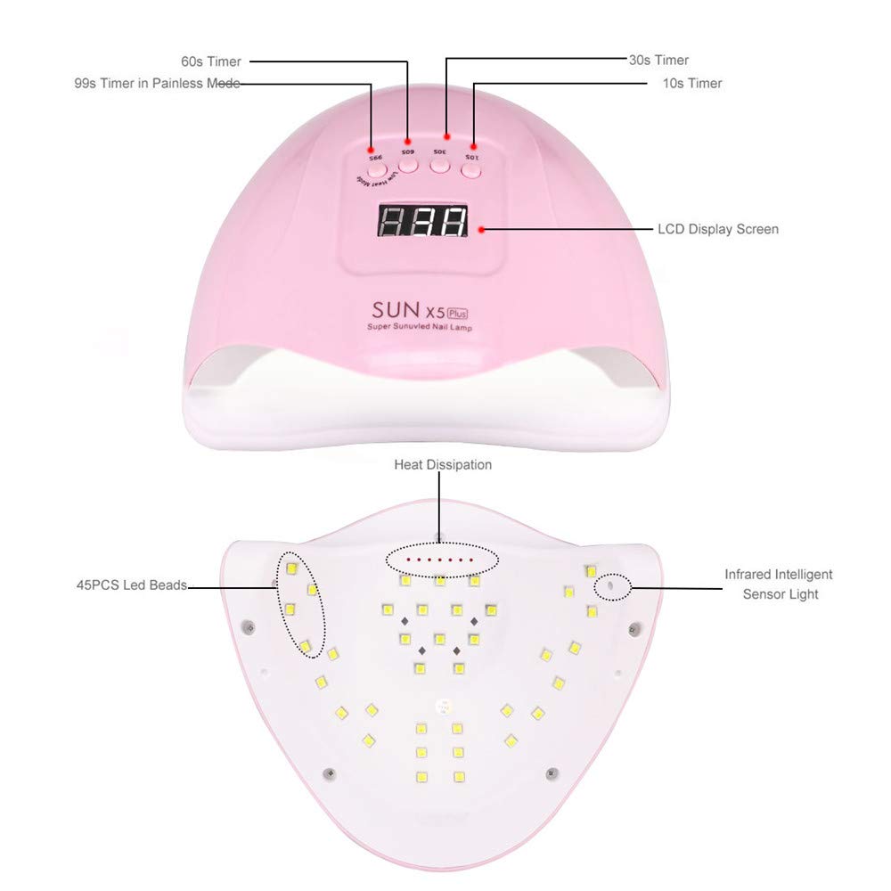 UV LED Nail Lamp, 80W Professional Nail Dryer for Gel Polish Curing - 4 Timer Settings, Fast Drying for Fingers and Toes, Home Salon Manicure Light, Pink
