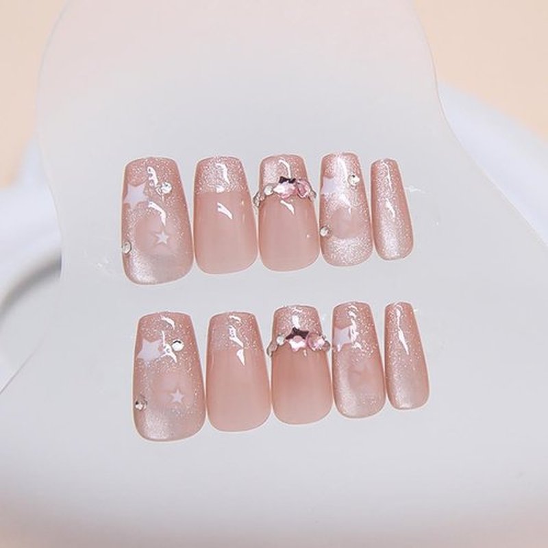 RikView Coffin Press on Nails Medium Fake Nails Nude Nails with Star Rhinestones Glossy Full Cover Nails for Women 24 PCs/Set