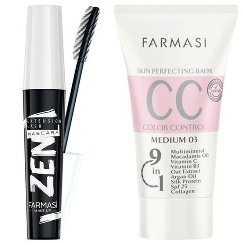 FARMASi CC Cream & Zen Extension Lash Mascara Makeup Set, Color Correcting Skin Tint with SPF 25, Medium Shade, Natural Finish Makeup Bundle