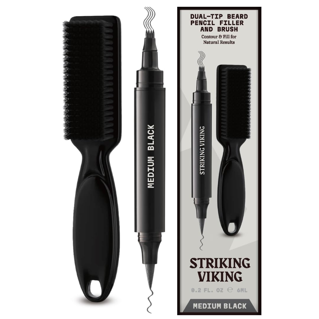 Striking Viking Beard Pencil Filler For Men - Medium Black, 1 Pen 1 Brush - Temporary Beard Dye - Waterproof Sweatproof Long Wear Beard Pen for Touchups & Gap Contouring - Enhances Facial Hair