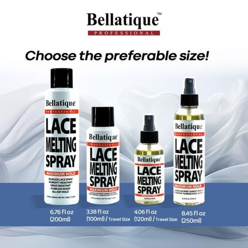 Bellatique Lace Melting Spray (6.67 oz) - Maximum Hold. Flawless Edges, Quick & Easy, Fast Drying, Humidity Resistant, Sweat Resistant, All Day Hold, Quick Drying, Flake Free, Easily Removed.