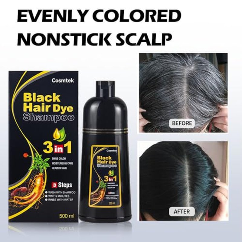 COSMTEK Black Hair Dye Shampoo for Gray Hair, Semi-Permanent Hair Color Shampoo for Women and Men, Herbal and No Ammonia, 3 in 1-100% Grey Coverage(16.9 Fl oz)