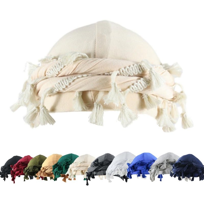 YuMENo Turban for Men Women Vintage Twist Durag Head Wraps Satin Lined Halo Turban with Tassel Waves Braids Beige