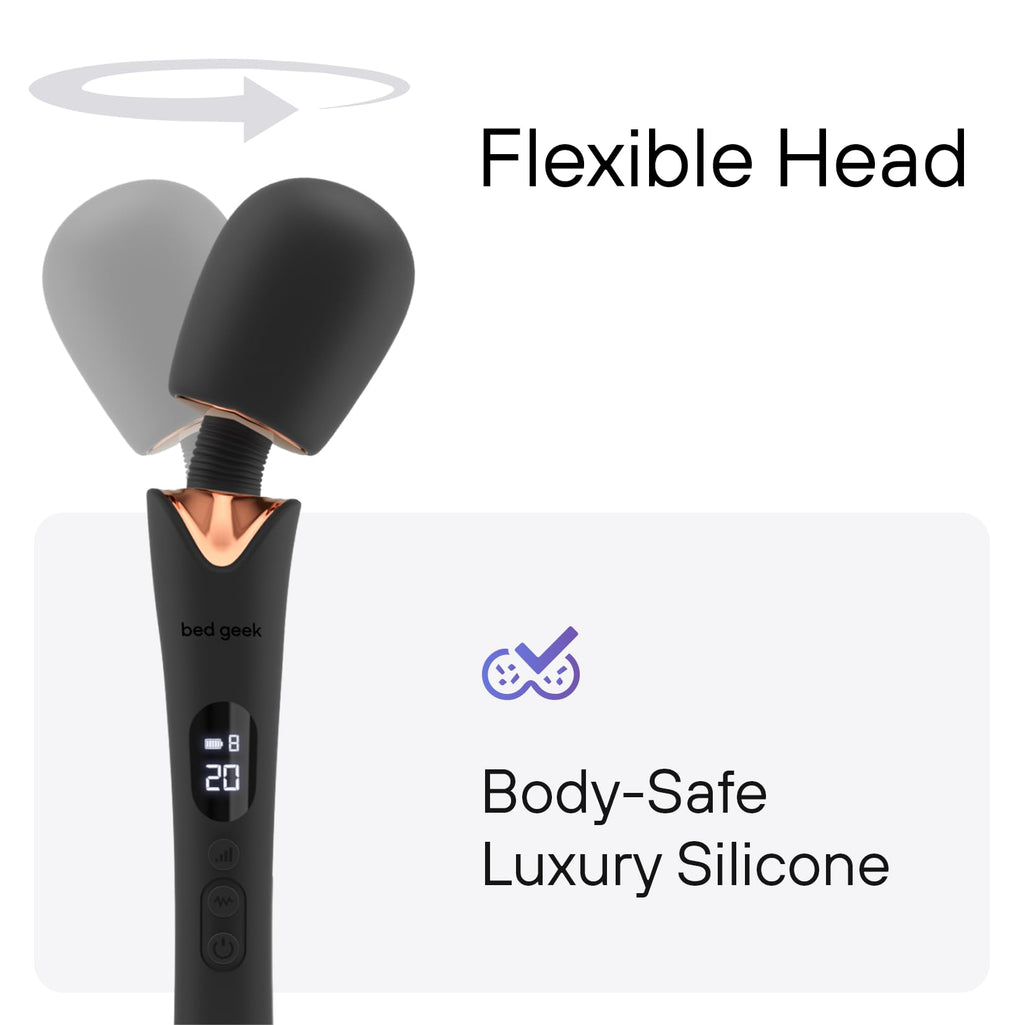 bed geek Cordless Wand Massager – Super Powerful Handheld Massage with 20 Speeds & 8 Patterns, Soft Silicone Head, Quiet Motor, LED Display, Body-Safe & Waterproof Black & Rose Gold
