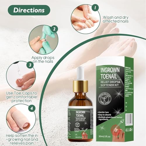 Ingrown Toenail Treatment - 30ml Softening & Conditioning Kit for Easy Trimming with Silicone Gel Toe Caps - Comprehensive Ingrown Toenail Removal Sol