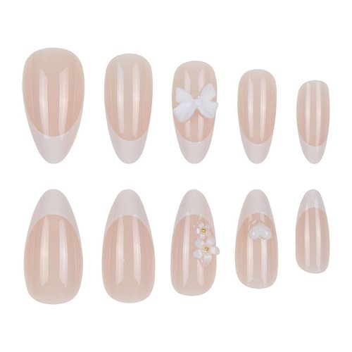 Foccna French Press on Nails Medium White Fake Nails Almond Glossy 3D Flower False Nail Tips Artificial Nails Finger Manicure for Women&Girls -24 pcs