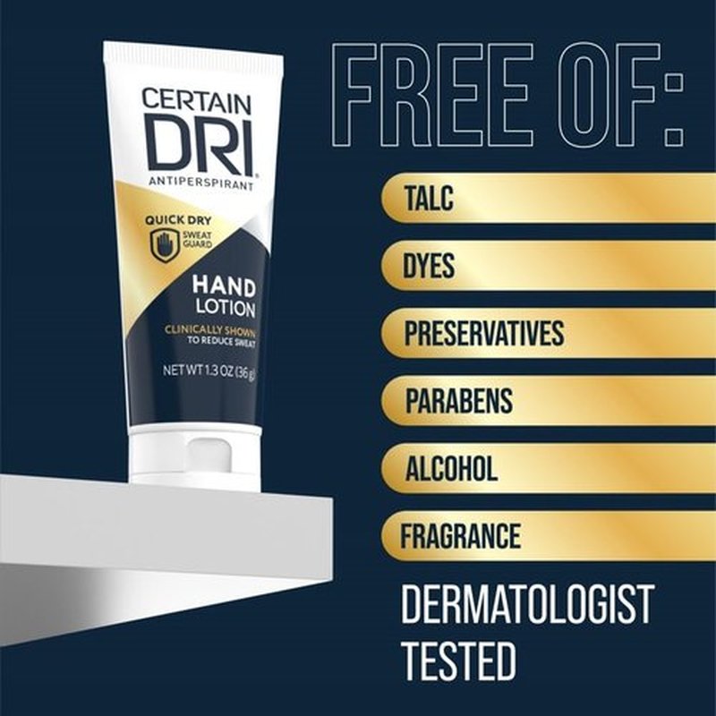 Certain Dri Antiperspirant Hand Lotion, 24-Hour Sweat Protection for Excessive Sweating & Palmar Hyperhidrosis, Fast-Drying, Non-Greasy, Fragrance-Free Formula, Dermatologist-Tested, 1.3 oz
