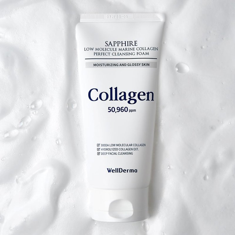 WELLDERMA Sapphire Collagen Cleansing Foam, 150mL – Gentle Facial Cleanser with Hydrolyzed Collagen & Glycerin, Moisturizing Creamy Lather