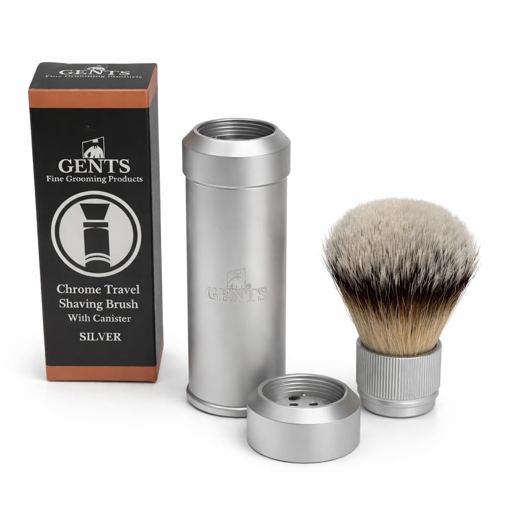 GENTS Travel Shaving Brush with Collapsible Canister – Synthetic Bristles, Compact Portable Wet Shaving Brush for Men, Chrome-Style Travel Grooming Brush for Home, Gym & Hotel Use (Silver, 6 Inches)