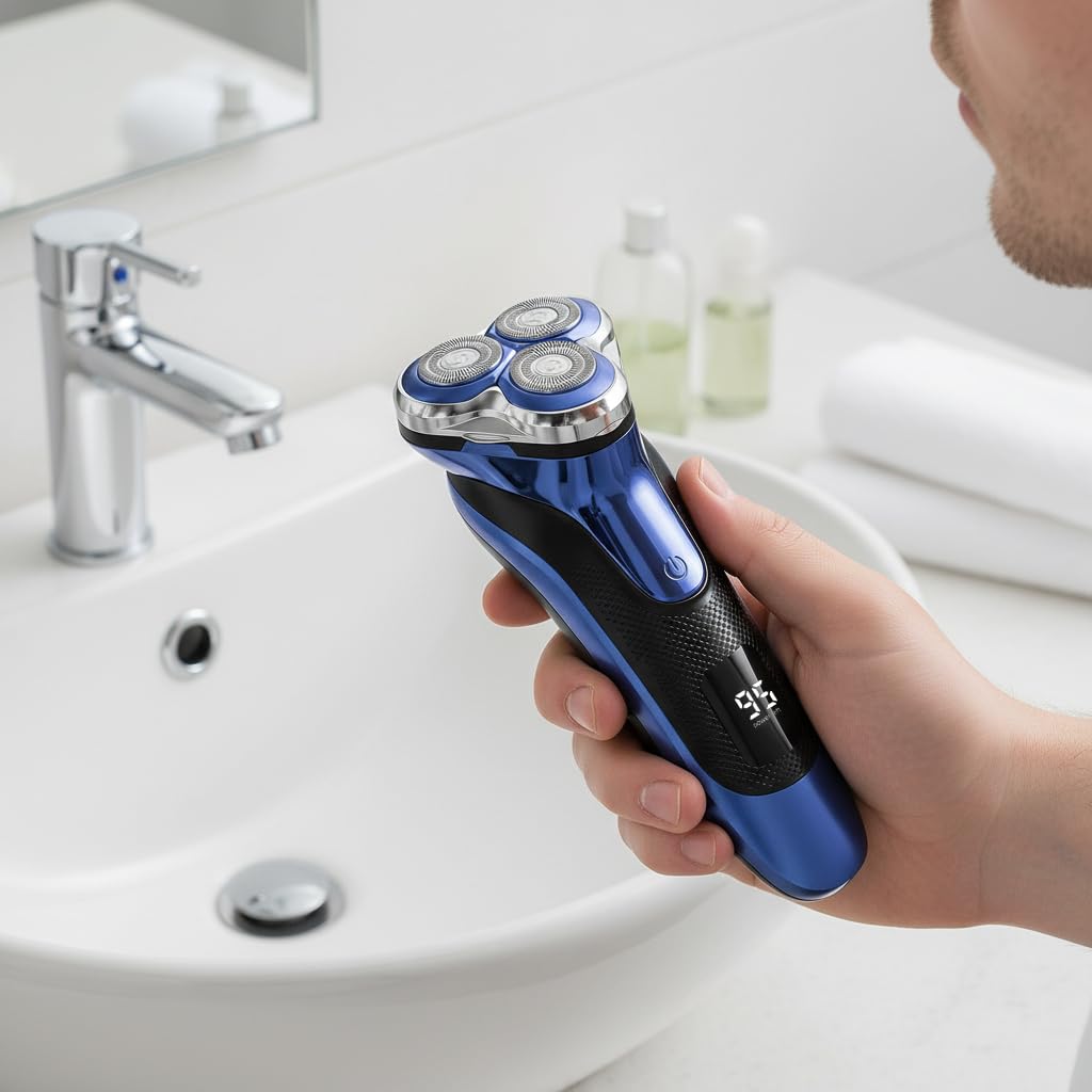 Electric Razor for Men, Rotary Shaver with 3 Floating Heads, LED Power Display, Wet and Dry Use, Blue