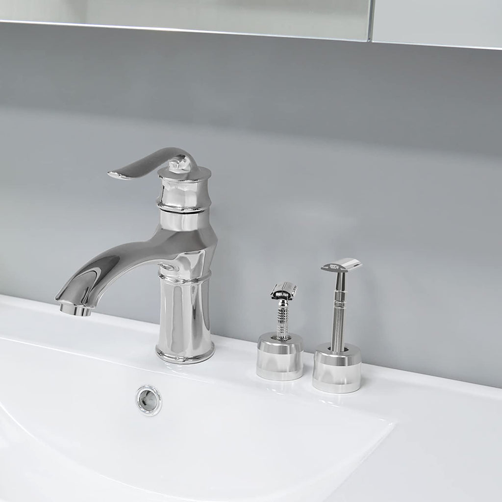 Linkidea 2 Pack Safety Razor Stand, Opening Dia 0.7" (18.5mm) Aluminum Alloy Men's Shaving Stand for Bathroom Countertops, Silver