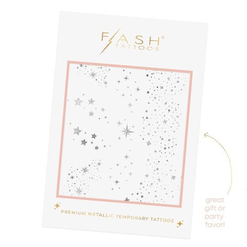 Flash Tattoos Fairy Dust Metallic Temporary tattoos-2 sheet mini pack | Includes over 23 premium silver foil giltter tattoos | face glitter, face gems, festival, face freckles, celestial, moon