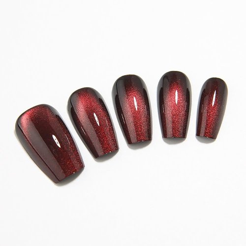 Medium Coffin Press on Nails, Wine Red Cat Eye Press on Nails, Fashion Gel Fake Nails, Reusable Acrylic Fake Nails, Glossy Stick on Nails for Women Gift, Glue on Nails Kit 24 Pcs, Midnight Blaze