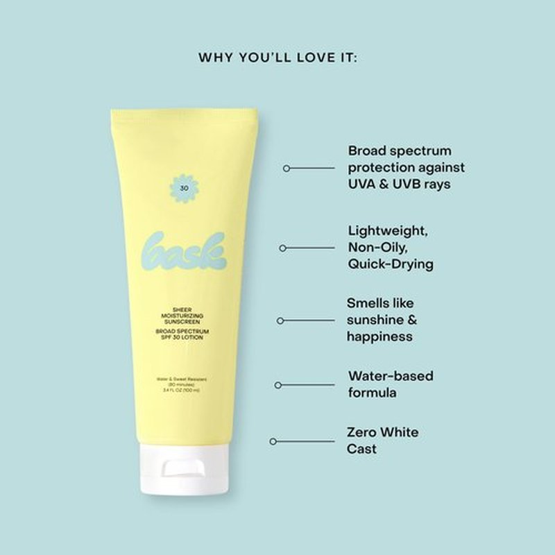 Bask Suncare SPF 30 Sheer Moisturizing Sunscreen Lotion - Broad Spectrum UVA/UVB Protection, Dermatologist Recommended, Hydrating, Lightweight & Non-Greasy, No White Cast, Travel Size, 3.4 fl oz