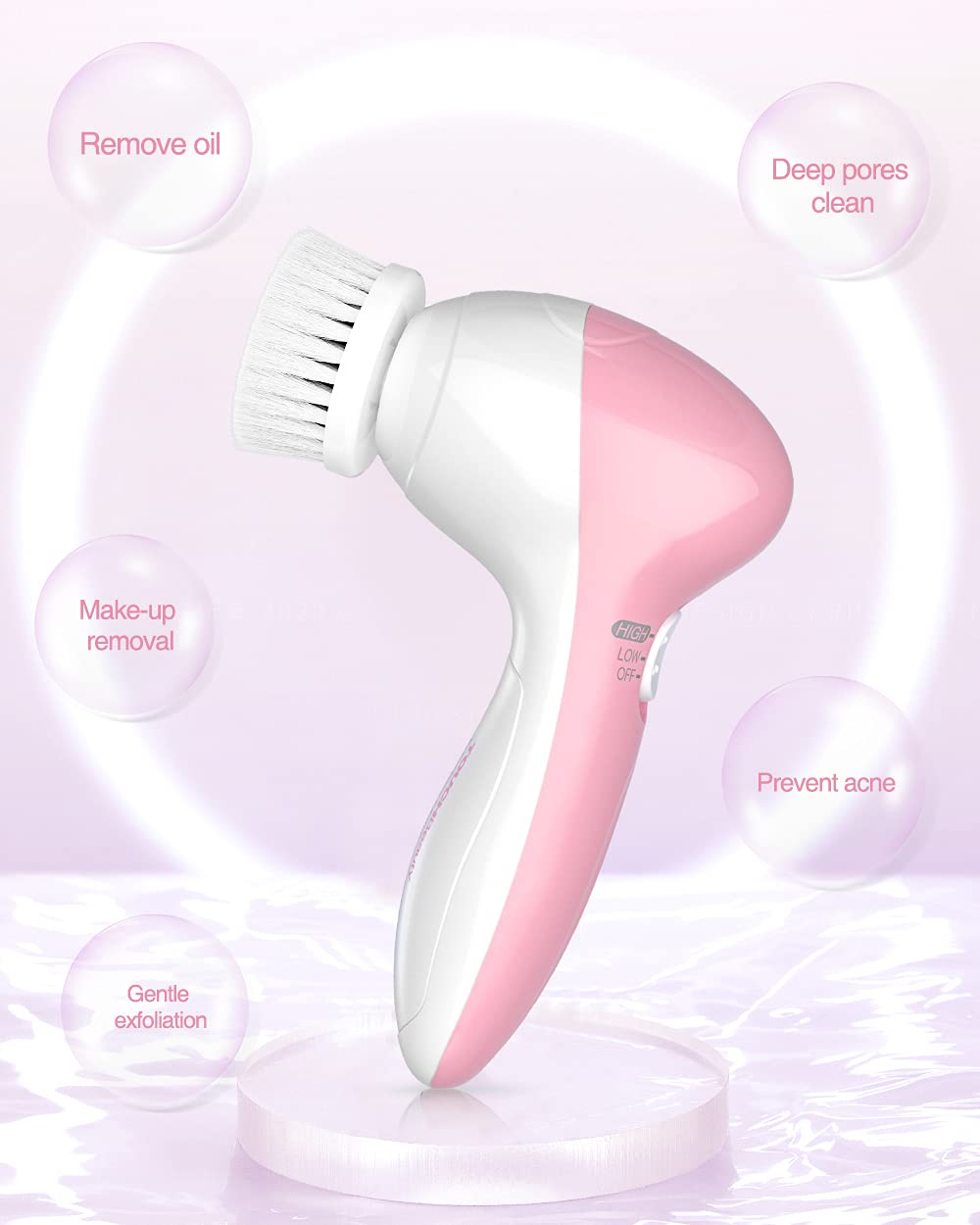 Electric Facial Cleansing Brush for Women, 3-in-1 Face Cleanser and Exfoliator Brush with 3 Brush Heads, 2 Speeds, Waterproof Spin Brush, Travel Size Case, Perfect for Valentine's Day (Pink)