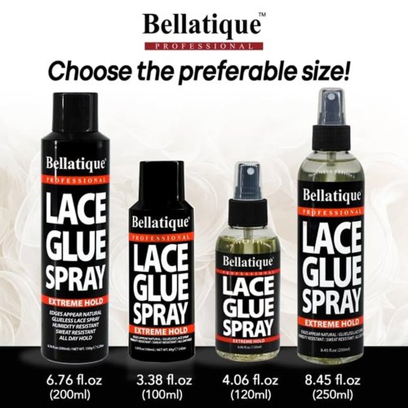 BELLATIQUE Lace Glue Spray (6.76 oz) - Extreme Hold. Edges Appear Natural, Humidity Resistant, Sweat Resistant, All Day Hold, Quick Drying, Flake Free, Easily Removed, Quick & Easy.