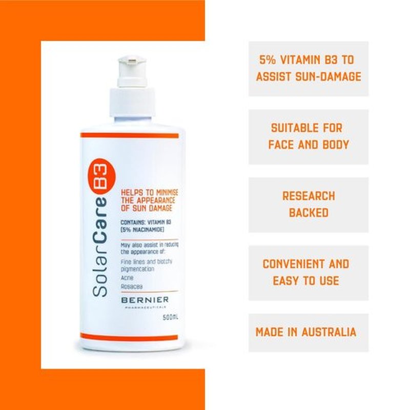 SolarCareB3 Niacinamide Face and Body Moisturiser for Sun-Damaged Skin, 500ml Pump - Made in Australia