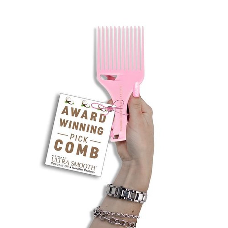 Cricket Ultra Smooth Coconut Hair Pick Comb - Infused with Coconut Oil & Keratin for Frizz-Free Shine, Volume Boost, and Gentle Detangling – Ideal for Curly, Thick, and Textured Hair - Pink