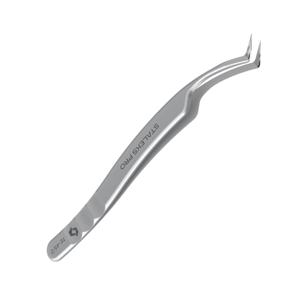 STALEKS PRO Expert 45 Type 2 Professional Eyelash Tweezers (L-Shaped 40°) – Stainless Steel with Nano-Notches for Volume & Mega-Volume Lash Extensions & Enhanced Visibility